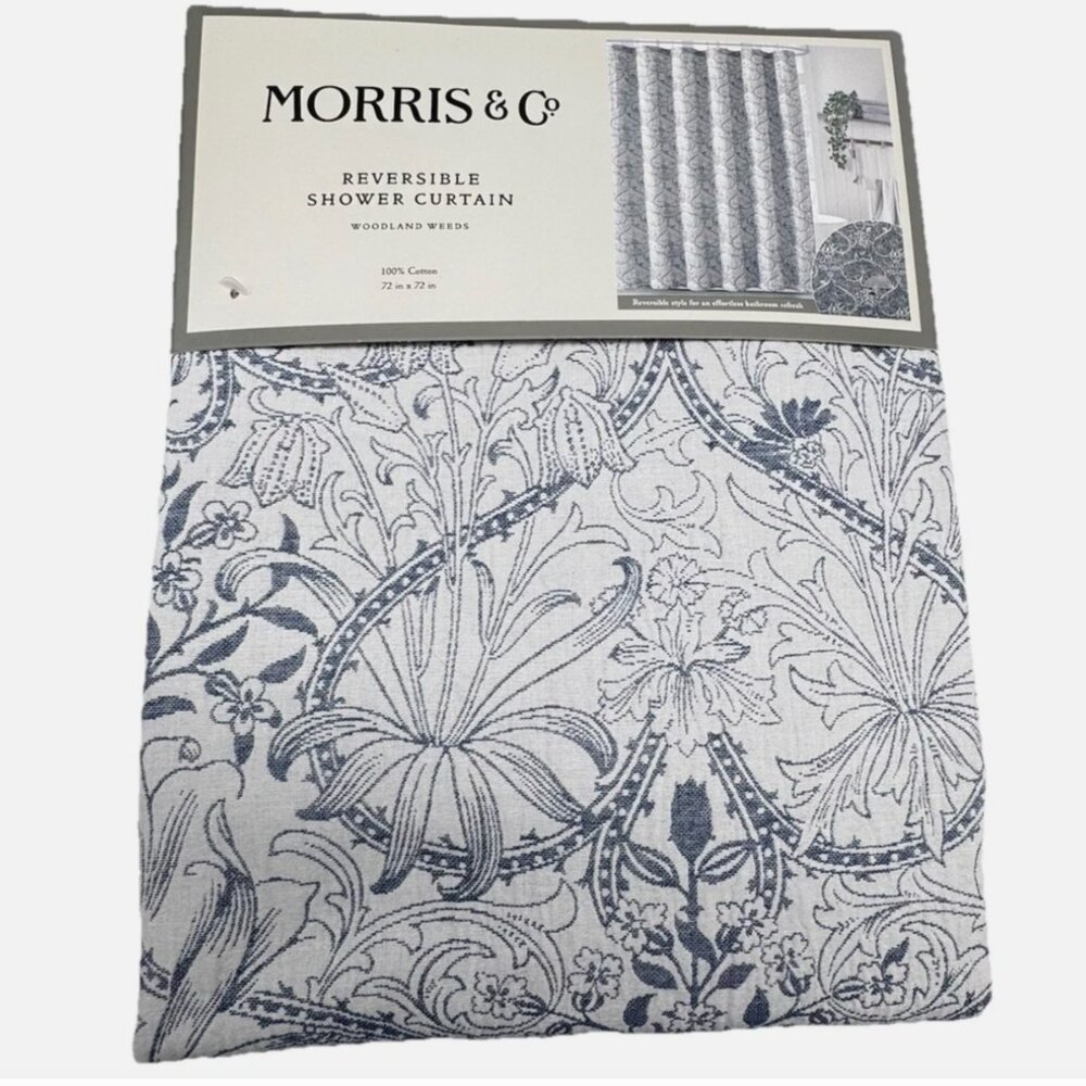 Morris & Co WOODLAND WEED Floral Luxury Shower Curtain Blue Off White Reversible